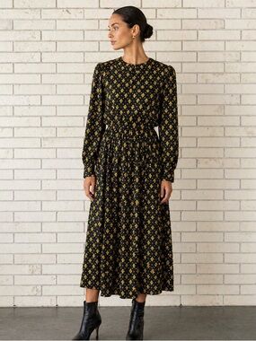 Maggy London by Jeannene Booher Silk Dress Black Gold Midi 80s 90s Button Front
